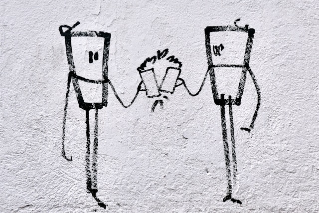 Two robot-like agents, sketched, clanking drinks together in celebration.
